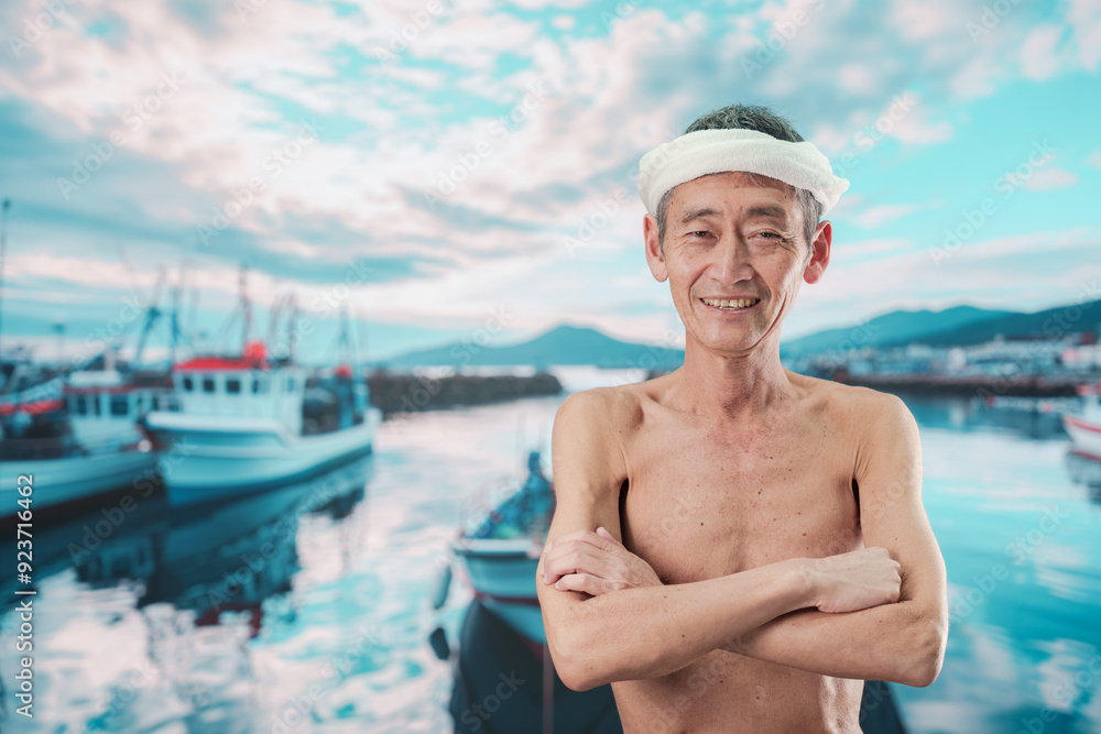Fototapeta premium 笑顔で腕を組む高齢の漁師