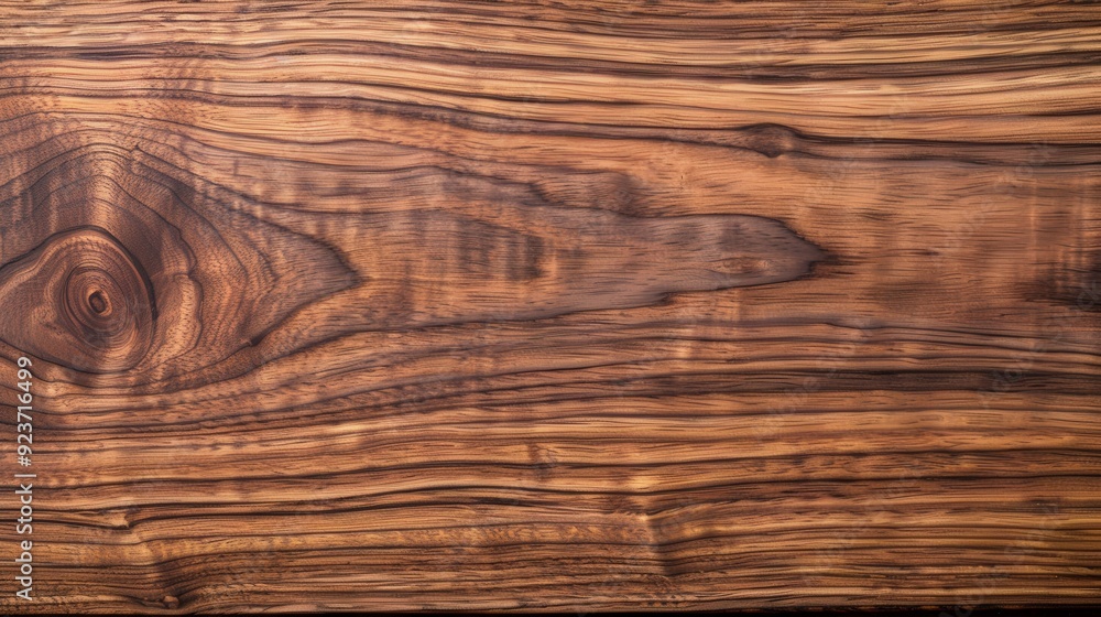 Fototapeta premium Elegant walnut wood backdrop, featuring a smooth texture with deep, rich tones, exuding a timeless and sophisticated aesthetic perfect for various design applications.