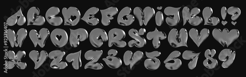 A 3D vector alphabet font with realistic chrome and platinum letters. Featuring metallic, shiny, and melting forms, each letter looks like a silver foil or alloy blob, perfect for futuristic designs.