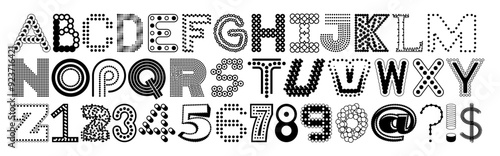 A random ransom-style vector alphabet font with a mix of linear speck letters. Each figure features dots, circles, and collage elements, creating a chaotic matrix of unique letterforms.
