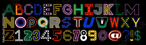 A random ransom-style vector alphabet font with a mix of linear speck letters. Each figure features dots, circles, and collage elements, creating a chaotic matrix of unique letterforms.