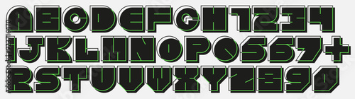Modern Latin alphabet with numbers. Simple square letters of rough shapes. English font of linear capital, very thick letters with a thin stroke. Ultra bold font in modern brutal style.