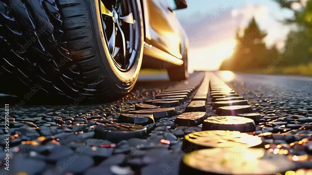 Close up of a car tire on a road at sunset. Close up of a car tire on a road at sunset.