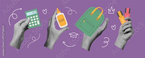 Set of hands collage with stationery. Back to school concept. Template for card, print, poster, banner, social media