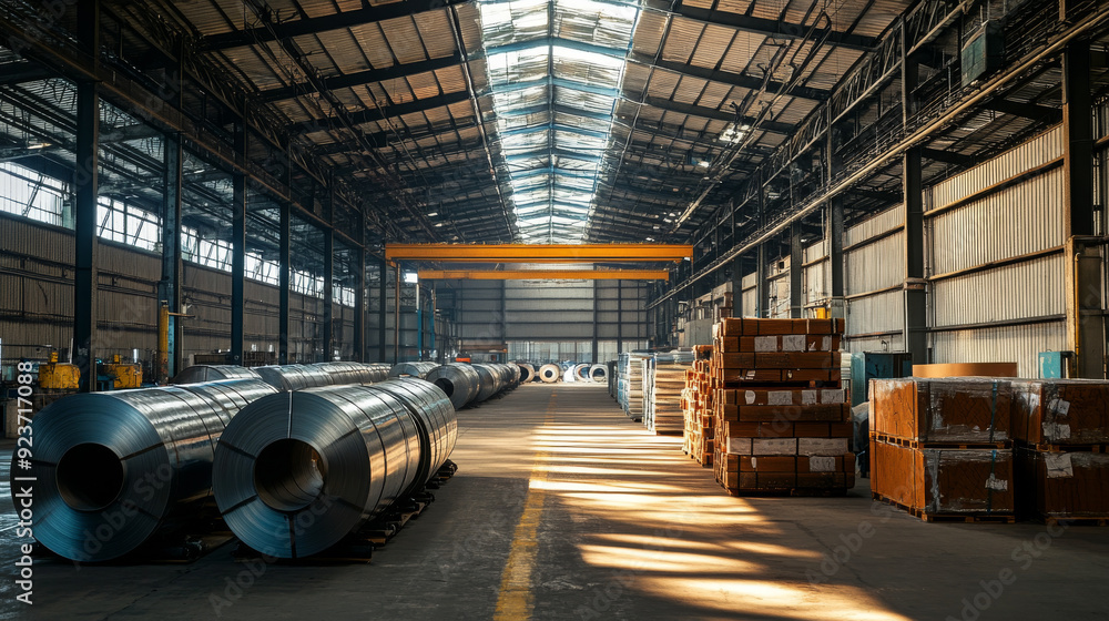 Coils of galvanized steel sheets stored inside a factory or warehouse. Coils of galvanized steel sheets stored inside a factory or warehouse.