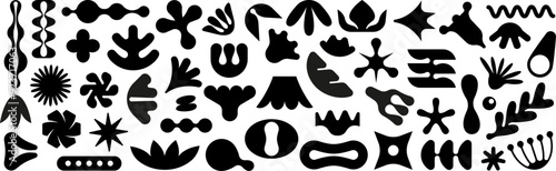 Vibrant Y2K-inspired composition featuring abstract shapes and figures resembling flowers, leaves, and petals. The colorful elements and forms create a playful and dynamic visual on a gray background.