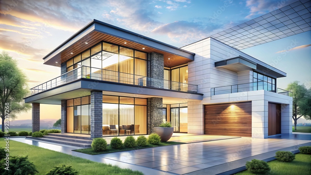 Fototapeta premium Technical illustration of a modern dream home featuring large windows, sleek lines, and elegant roof design, set against a clean white background with subtle grid.