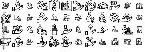 A Collection Of Sharia Economics Isolated Silhouette Solid Icons With Money-Bag,Investment,Income,Bank,Money Set Vector Flat Line Icons