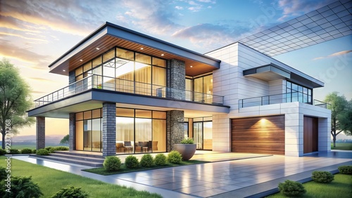 Technical illustration of a modern dream home featuring large windows, sleek lines, and elegant roof design, set against a clean white background with subtle grid.