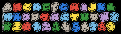 Massive  alphabet font crafted with a blend of 50's style, western vibes, and graffiti flair. Bold cartoon letters evoke comic book energy, making it perfect for standout designs with a retro twist.