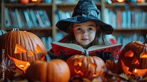 Girl reading a Halloween storybook surrounded by pumpkins