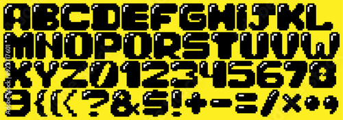 An 8-bit pixelated alphabet. Reminiscent of classic video game graphics and comic book style. Perfect for gaming enthusiasts, retro design projects, capturing nostalgia and 'game over' moments