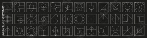 Vector set of square geometric icons with Memphis and Bauhaus influences. Features Swiss-inspired patterns and a variety of geometrical shapes and figures, perfect for stylish, modern designs.