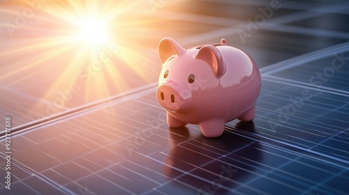 A pink piggy bank money box sitting on a solar panel, with rays of sunlight shining down, representing the concept of saving money through solar energy.