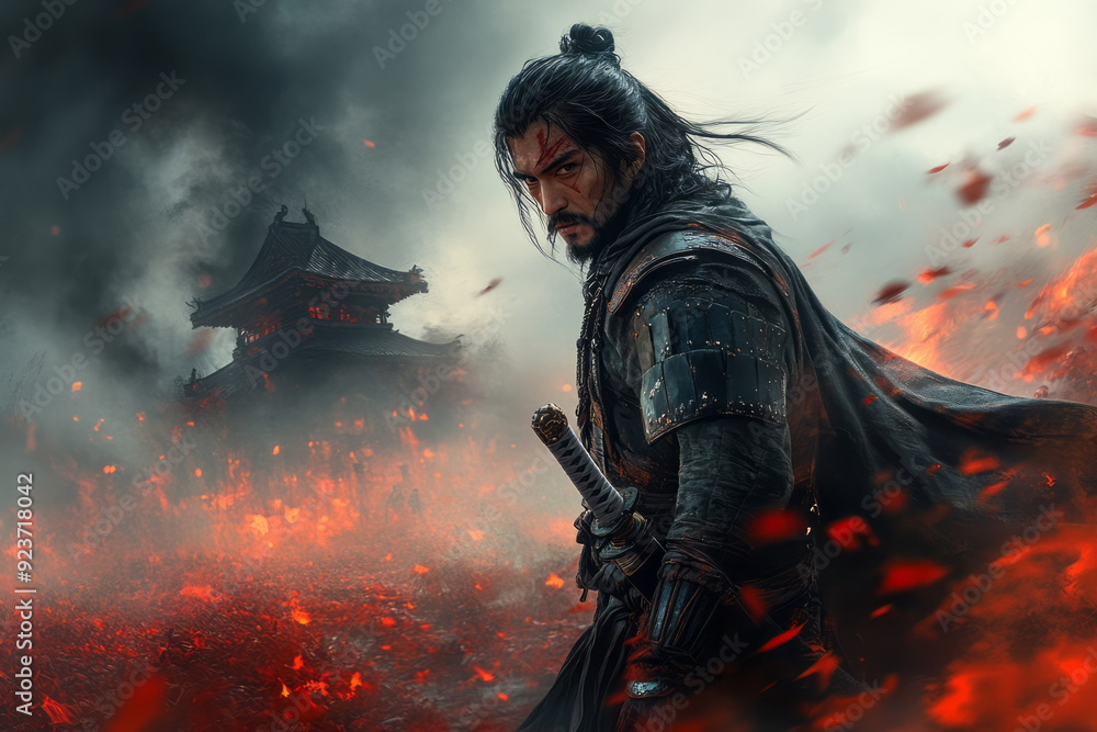 Fototapeta premium A legendary swordmaster returning to his homeland, his resolve as sharp as his blade, ready to reclaim what was lost,