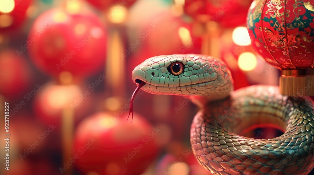 A snake coiled around traditional Chinese lanterns, set against a vibrant background celebrating the Chinese New Year with festive colors and patterns. A snake coiled around traditional Chinese lanterns, set against a vibrant background celebrating the Chinese New Year with festive colors and patterns.