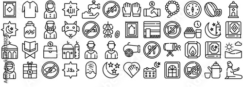 Mega Set Of Vector Ramadan Line Isolated Silhouette Solid Icons With Rug,Mosque,Quran,Salat,Ramadan Simple Black Style Symbol Sign For Apps And Website, Vector Illustration