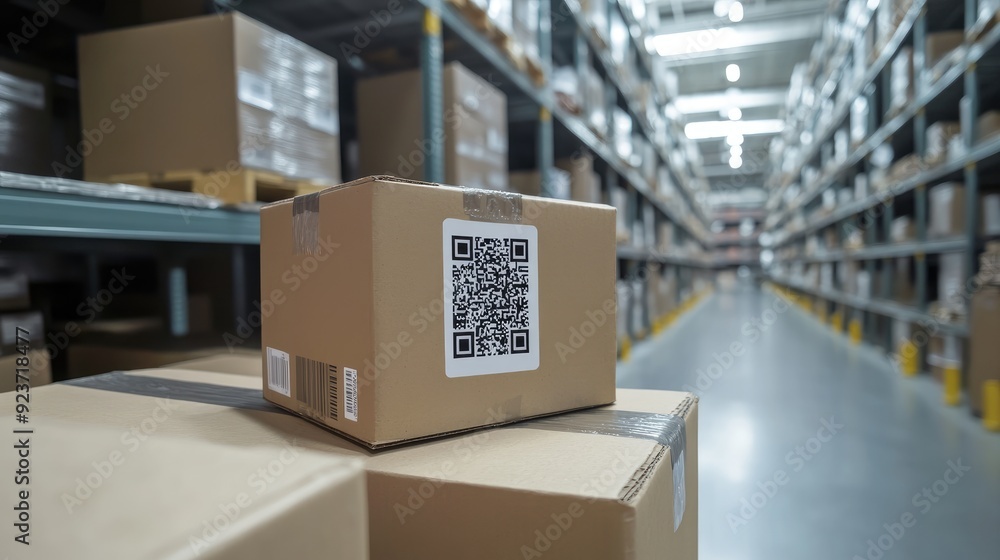 Automatic logistics management. smart packaging into the warehouse workflow, Cardboard box tags and QR codes for efficient tracking, authentication, and traceability throughout the, Generative AI Automatic logistics management. smart packaging into the warehouse workflow, Cardboard box tags and QR codes for efficient tracking, authentication, and traceability throughout the, Generative AI