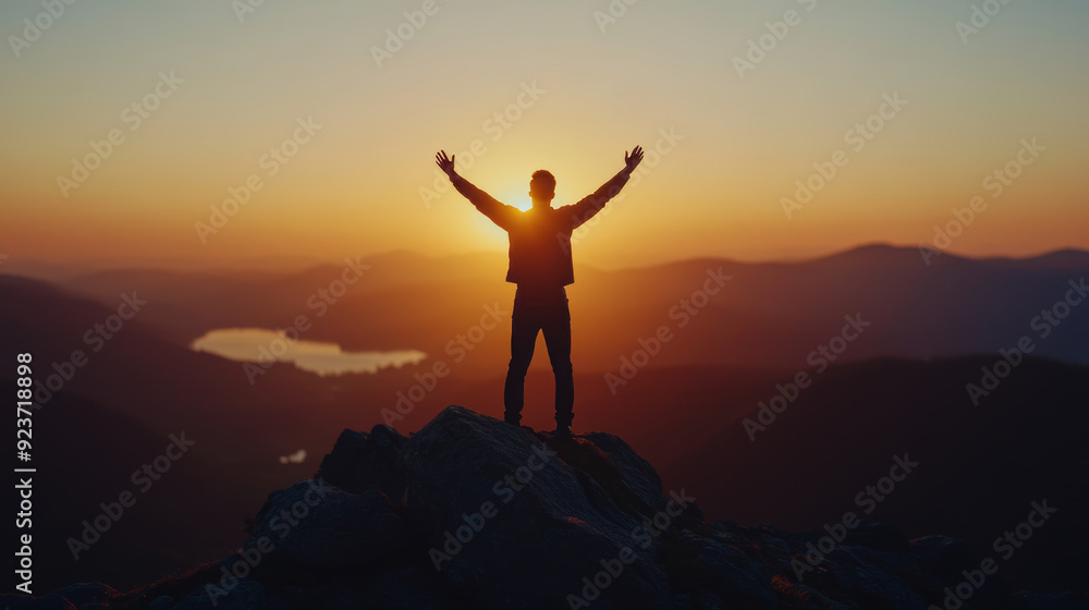 Silhouette of a triumphant man celebrating on a mountain summit, with arms lifted in victory. The figure stands on a hill, representing concepts of business success, leadership, achievement. Silhouette of a triumphant man celebrating on a mountain summit, with arms lifted in victory. The figure stands on a hill, representing concepts of business success, leadership, achievement.