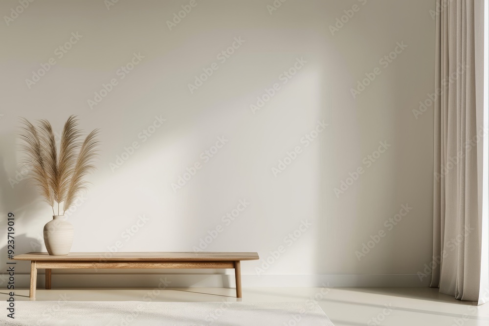 Fototapeta premium modern interior design of an empty wall with a coffee table and wooden bench in the foreground