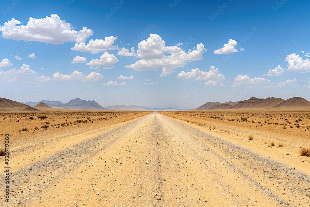 A Gravel Road Through The Desert With Mountains in the Distance Under a Blue Sky with White Clouds A Gravel Road Through The Desert With Mountains in the Distance Under a Blue Sky with White Clouds