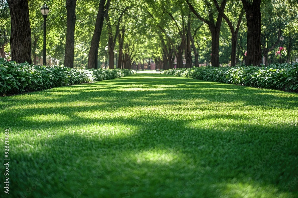 Fototapeta premium A Lush Green Path Through a Tranquil Tree-Lined Avenue