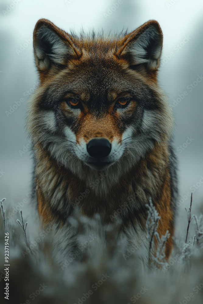 Obraz premium A sleek, silent hunter moving through the foggy, dew-covered marshlands, stalking its next meal,