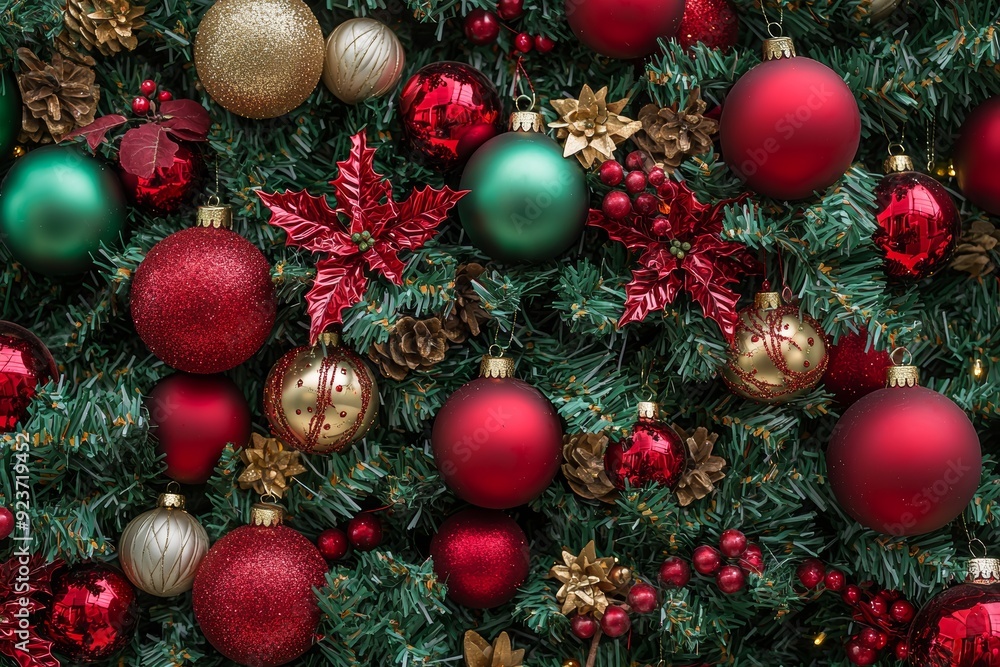 On a Christmas tree, red and green ornaments are hung On a Christmas tree, red and green ornaments are hung