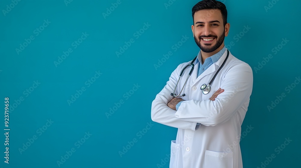 Handsome, smiling doctor with arms crossed against a blue background Handsome, smiling doctor with arms crossed against a blue background