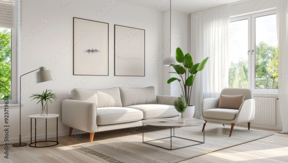 simple and clean living room with wooden floors, white walls, a light-colored sofa, armchair, coffee table simple and clean living room with wooden floors, white walls, a light-colored sofa, armchair, coffee table