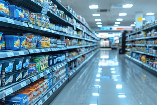 Grocery Store Aisle with Rows of Products