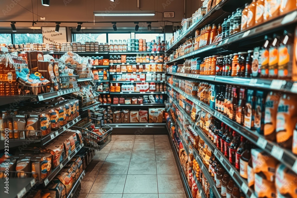 Fototapeta premium Grocery Store Aisle with Various Products on Shelves