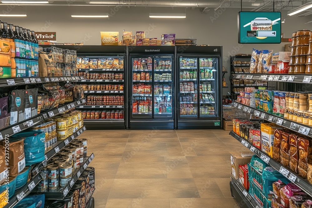 Grocery Store Aisle with Shelves of Snacks and Refrigerated Goods Grocery Store Aisle with Shelves of Snacks and Refrigerated Goods