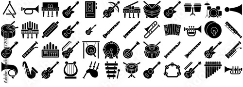 Set Of Linear Music Instruments Isolated Silhouette Solid Icons With Guitar,Musical-Instrument,Instrument,Music,Flute Set Vector Flat Line Icons