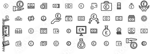 A Collection Of Money British Pound Isolated Silhouette Solid Icons With Money,Currency,Gbp,Cash,Pound-Sterling Vector Illustration Linear Pictogram Pack