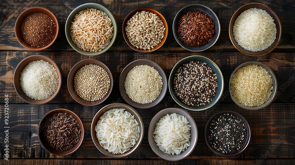 An overhead shot of assorted grains such as rice, barley, and quinoa in elegant ceramic bowls, arranged neatly on a dark wooden table, with contrasting textures and colors highlighted by soft, An overhead shot of assorted grains such as rice, barley, and quinoa in elegant ceramic bowls, arranged neatly on a dark wooden table, with contrasting textures and colors highlighted by soft,