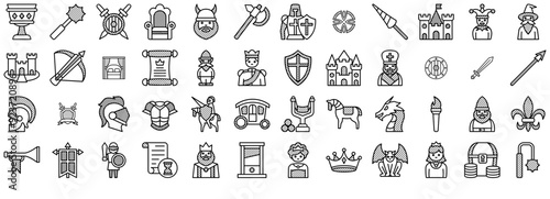 Set Of Medieval Dot Icons Silhouette Vector Logo Design Containing Warrior,Knight,Medieval,Royal,Weapon Vector Illustration Linear Pictogram Pack