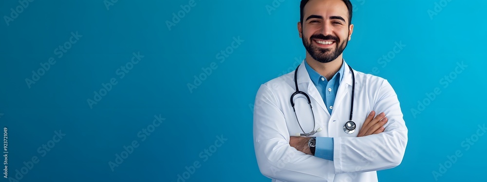 Naklejka premium Handsome, smiling doctor with arms crossed against a blue background