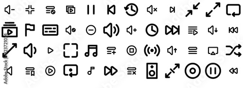 Set Of Linear Media Player Isolated Silhouette Solid Icons With Volume,Music,Speaker,Playlist,Music-Player Infographic Simple Vector Illustration Logo
