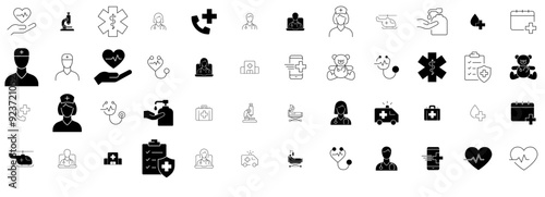 A Collection Of Medical Care Isolated Silhouette Solid Icons With Stethoscope,Heart,Doctor,Woman,Medical Pictograms And Infographics Design Elements Vector Illustration