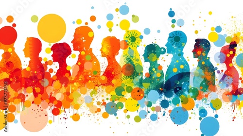 A vibrant spectrum of colors and shapes representing different fairness metrics, with each color and shape reflecting quantitative measures of demographic parity and equal opportunity