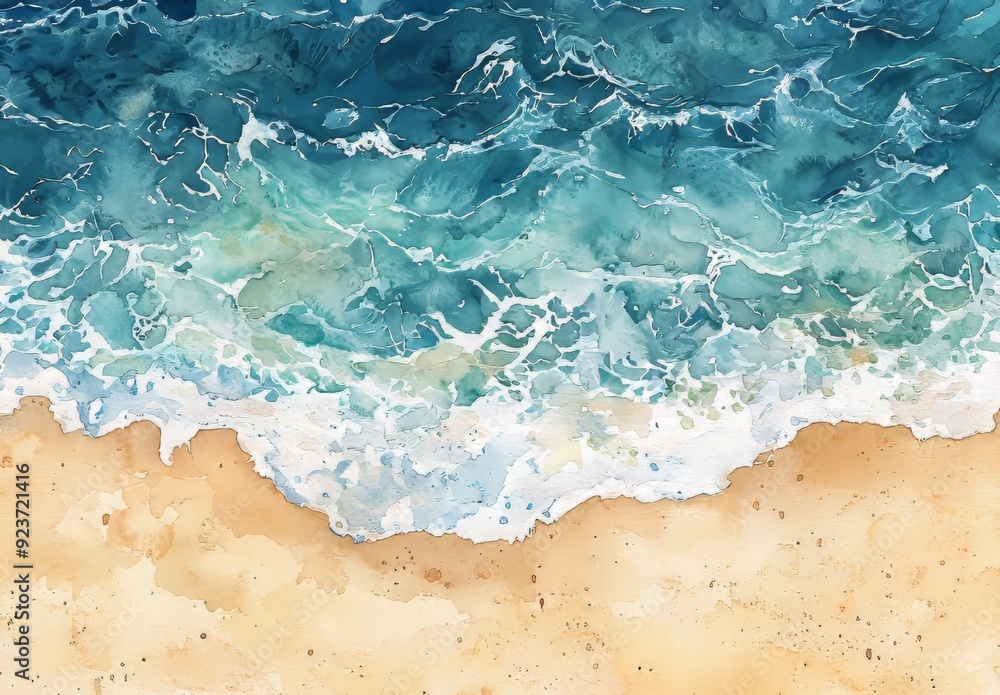 Watercolor illustration of a tropical beach with golden sand and waves. Blue water in a tropical sea. Watercolor illustration of a tropical beach with golden sand and waves. Blue water in a tropical sea.