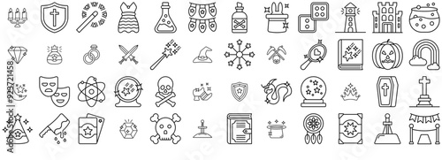 Set Of Linear Magic Line Vector Symbols Apps, Websites Ui Designs Suitable For Fairy,Horror,Magic,Fantasy,Scary Vector Icons Illustration Collection