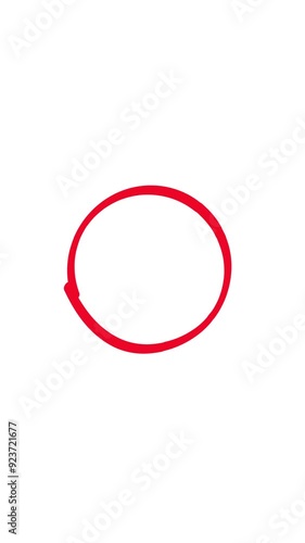 Animated red circle drawn, marker pen style, isolated on white background, for composition. Vertical. Copy space, space for text.	