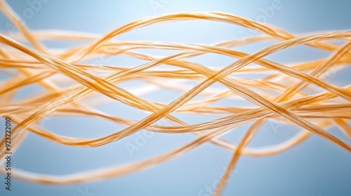 Golden Threads of Light: Abstract strands of golden fiber dance and intertwine, catching the light on a serene blue backdrop. 