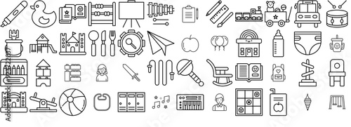Mega Set Of Vector Kindergarten Icons Silhouette Vector Logo Design Containing Montessori,Baby,Child,School,Play Vector Illustration Linear Pictogram Pack