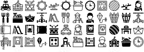 A Collection Of Kindergarten Icons Silhouette Vector Logo Design Containing Kid,Activity,Playground,Kindergarten,Toy Stroke Icon Collection. Vector Illustration