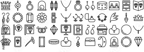 A Collection Of Jewelry Vector Symbols Apps, Websites Ui Designs Suitable For Treasure,Diamond,Accessory,Ornament,Jewelry Outline Icons Collection. Simple Vector Illustration