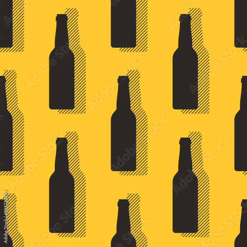Beer bottles vector seamless pattern. Stylized black elements on yellow background. Best for textile, wallpapers, wrapping paper, package and bar decoration.