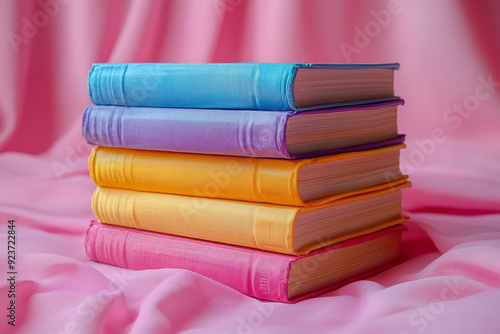 A stack of colorful textbooks neatly arranged on a pastel pink background, representing knowledge and learning,